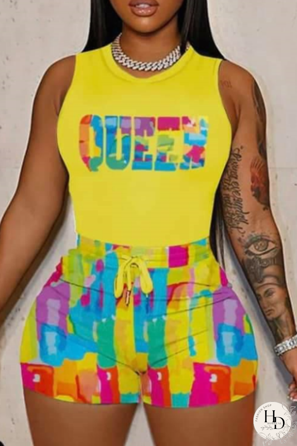 Yellow Fashion Casual Print Basic O Neck Sleeveless Two Pieces