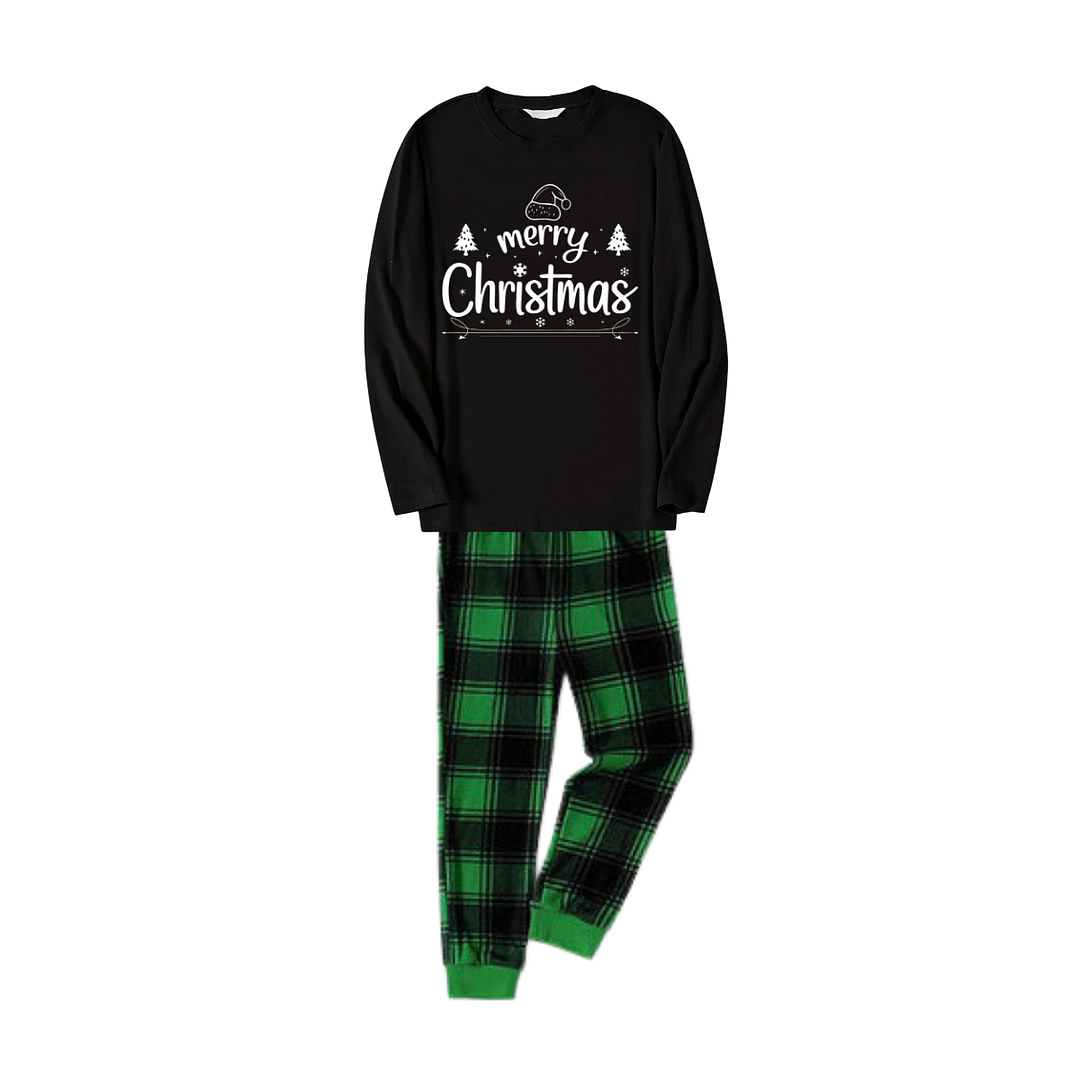"Merry Christmas" White Letter 2024 Black Long Sleeve Top with Black And Green Plaid Pants Family Matching Pajamas