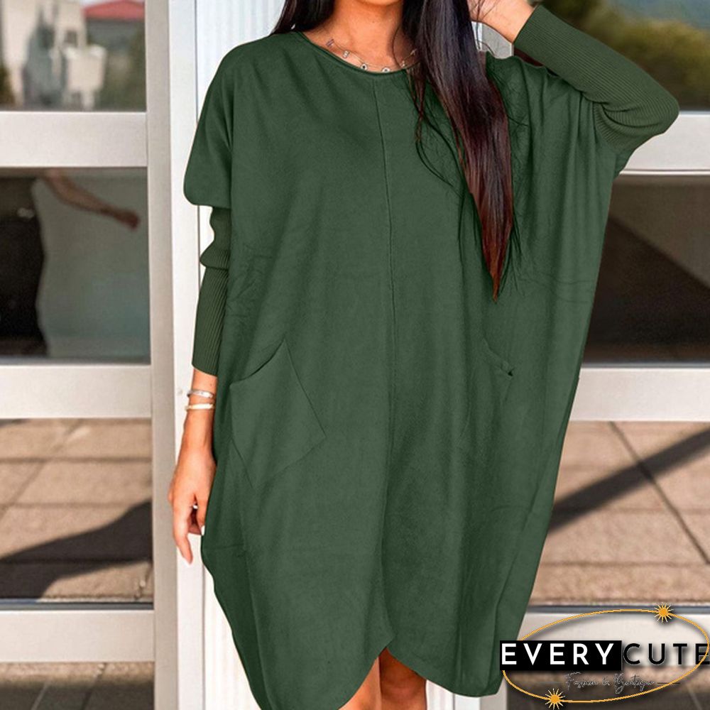 Women O-Neck Solid Patchwork Baggy Dress Knee Length Casual Dress