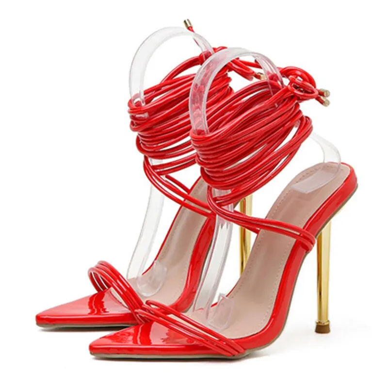 2022 New Summer Women Golden Strappy Sandals Fashion Electroplating Thin High Heels Sexy Pointed Toe Lace-Up Party Shoes Size 42