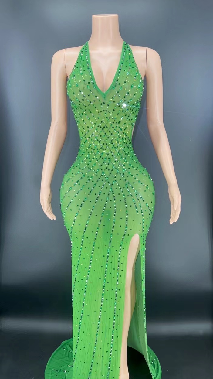 GOOSHOE Maxi Dresses Women Crystal Diamond Apparel High Split Open Backless Green Dresses