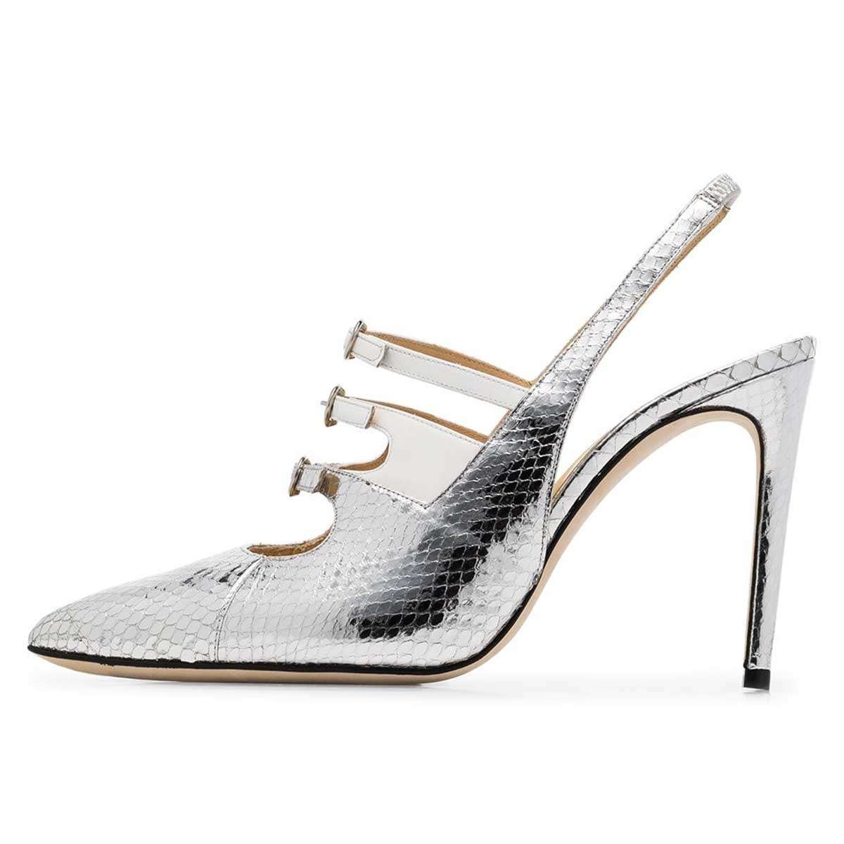 GOOSHOE Silver Python Slingback Triple Buckle Stiletto Heel Pumps