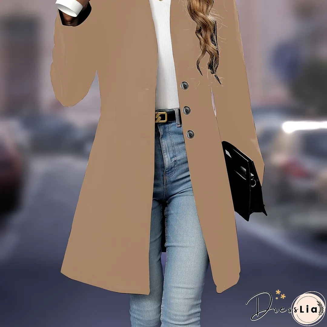 Solid Button Front Tunic Overcoat, Elegant Long Sleeve Winter Outwear, Women's Clothing