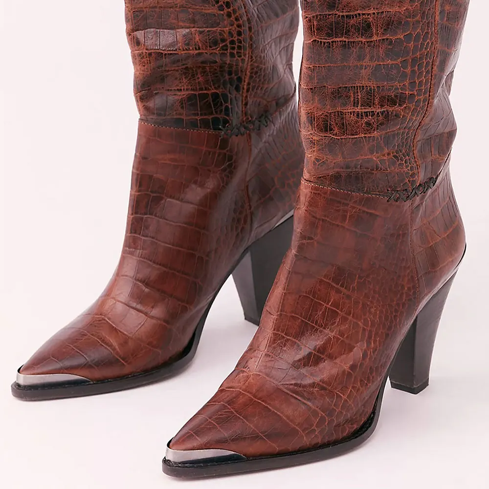 Brown Pointed Toe Cone Heel Croc Embossed Over the Knee Boots