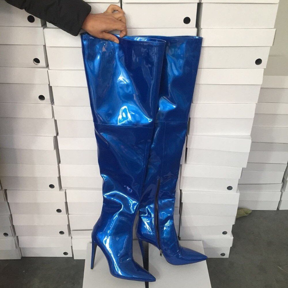 GOOSHOE Blue Thin Knee High Heel Crotch Leather Long Over The Knee Boots NightGirls Shoes Woman 47