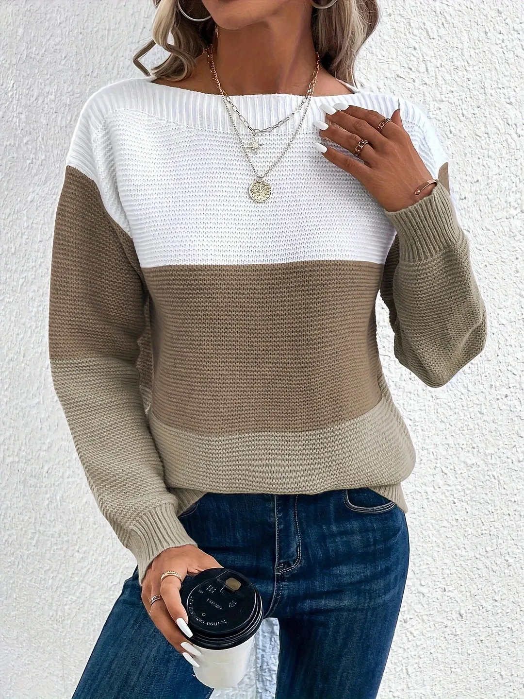 Athvotar Athvotar And Winter Round Collar Splicing A Hundred Striped Sweater Women Lazy Wind Top Loose Large-Size Knitted Shirt