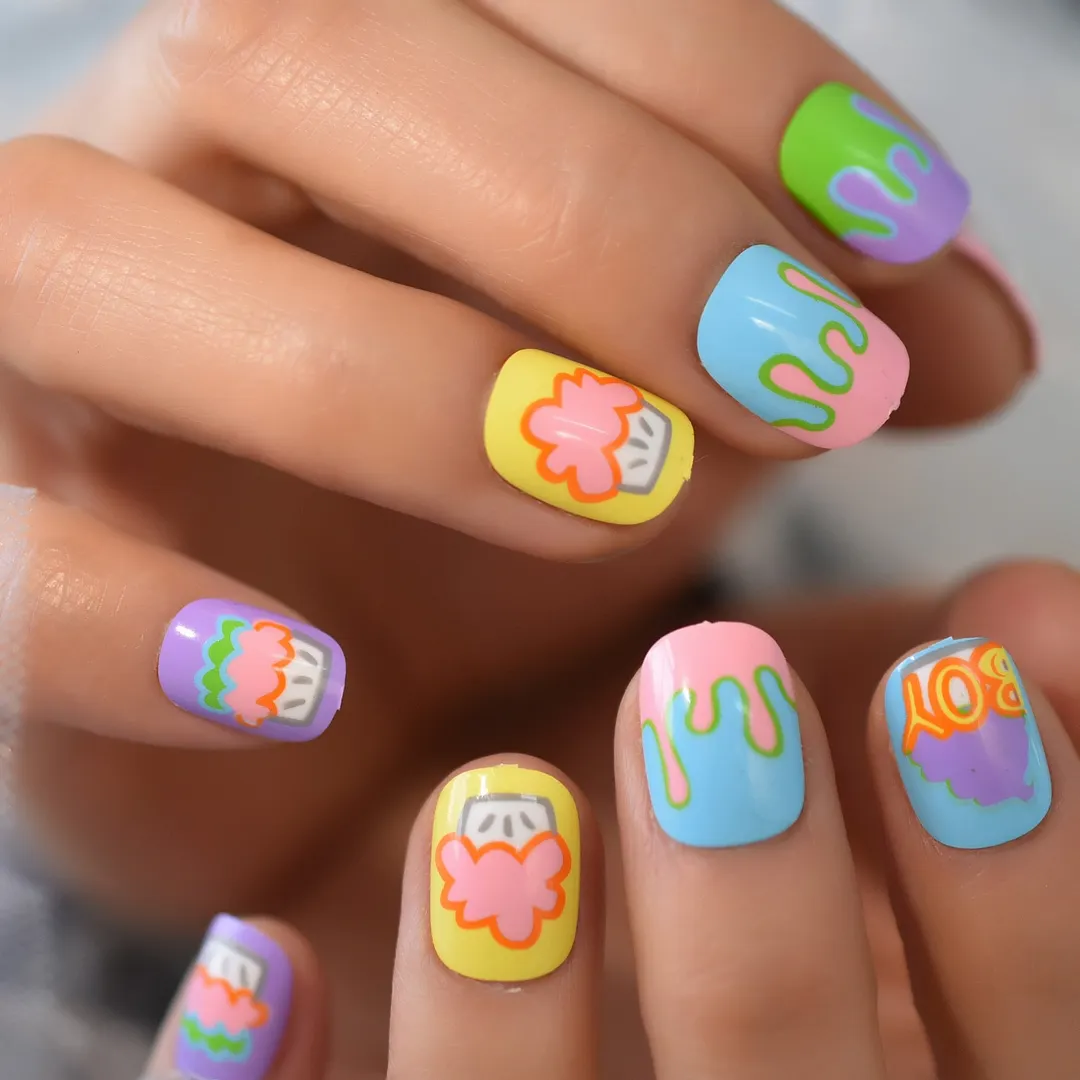 Colorful Anime Fingernails Press On Nails 2021 Magic Cartoon Pattern Square Short Full Cover Nails Gels/teens Nails Art Salely-Nail Inspo