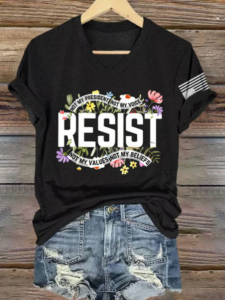 Comstylish V Neck Retro Resist Not My President, Not My Voice, Not My Values, Not My Beliefs Print T-shirt
