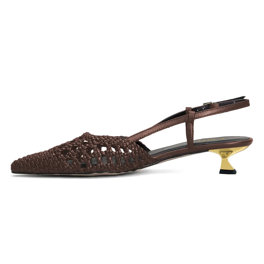 Brown Pointed Toe Woven Detail Kitten Heel Chic Slingback Shoes