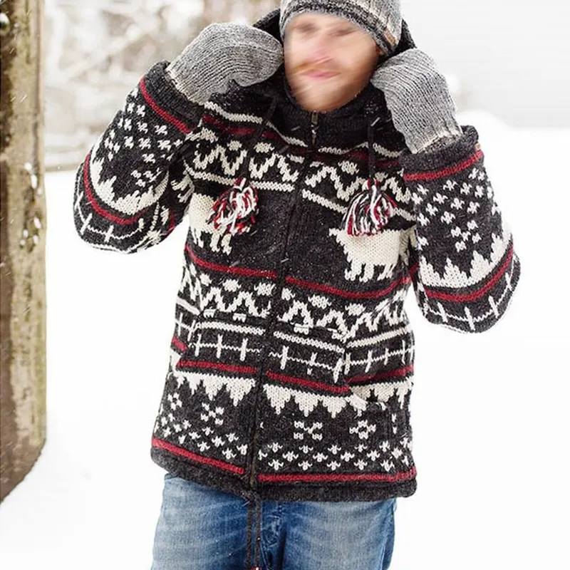 Mens Vintage Fair Isle Polar Bear Knitted Hooded Cardigan