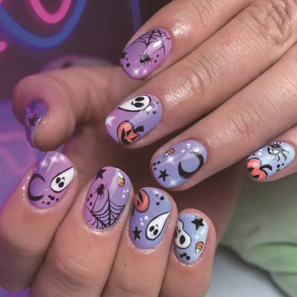 Churchf Churchf Purple Bright Oil Short Square Nail Halloween Ghost Pumpkin Spider Web Fake Nail Products Wear Nail Holiday Nail
