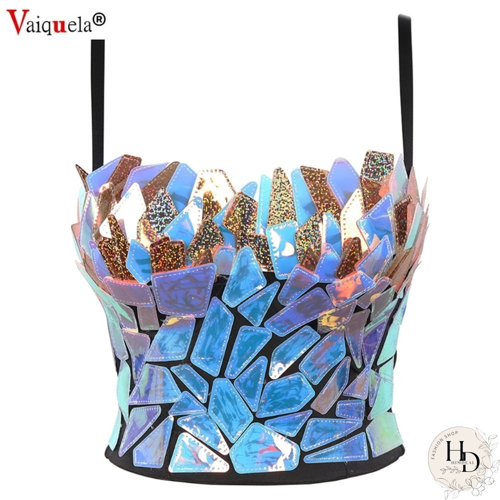 Women Holographic Rainbow Sequins Bustier Bra Spaghetti Strap Corset Camisole Reflective Bralette Crop Top Women Corset Clubwear