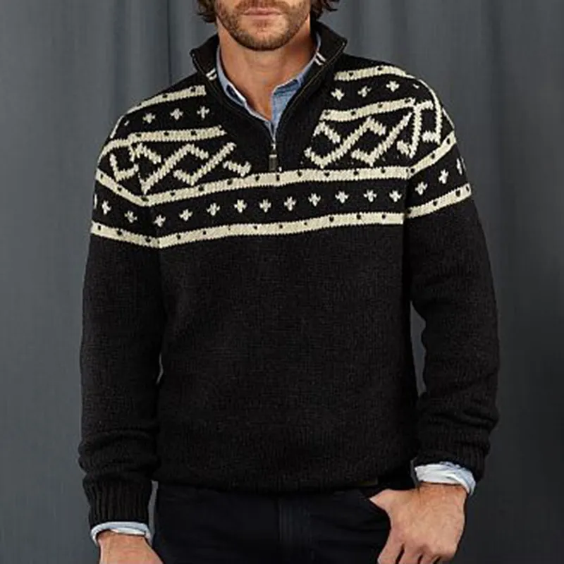 Retro Warm Knitted Contrast Jacquard Iceland Half Zip Collar Sweater