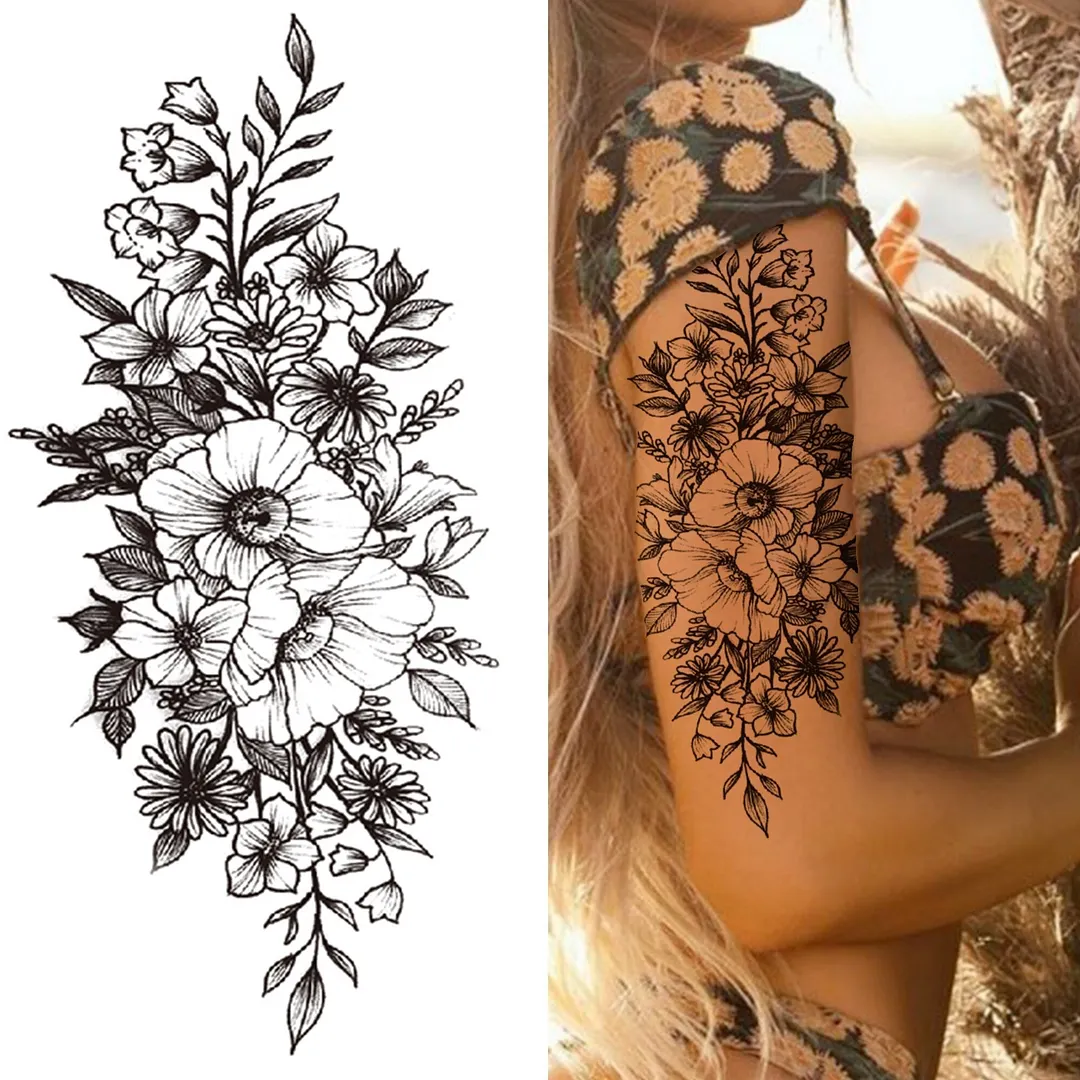 3D Snake Rose Temporary Tattoos For Women Girls Fake Flower Tattoo Sticker Black Death Eaters Dark Mark Mamba Snake Peony Tatoos 515-1