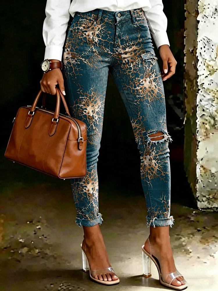 Women's Vintage Fantasy Totem Print Casual High-waisted Ripped Skinny Jeans