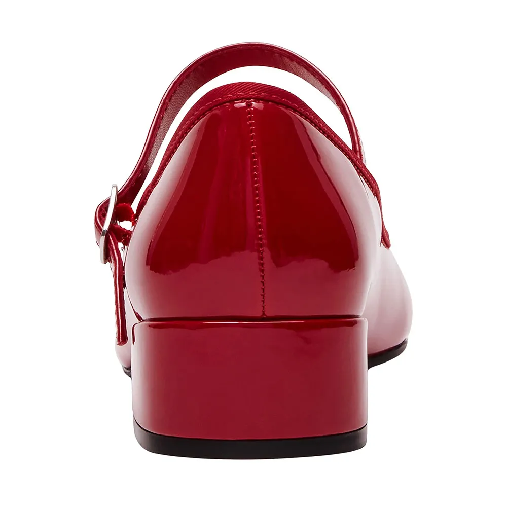 Patent Leather Round Toe Low Heel Mary Jane Red Pumps with Buckle