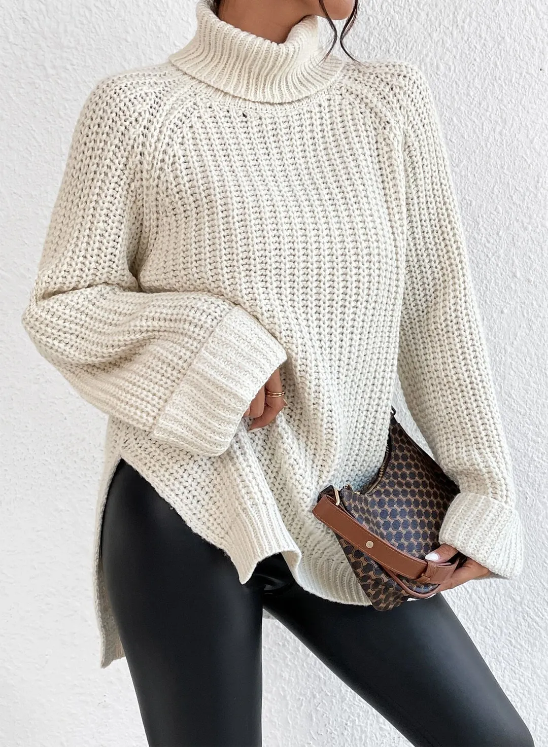 Turtleneck Raglan Sleeve Split Hem Jumper