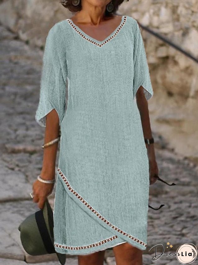 Casual Dress Cotton Dress Shift Dress Midi Dress Linen Cotton Blend Basic Modern Outdoor Daily V Neck Eyelet Half Sleeve Summer Spring Fall Loose Fit Green Plain S M L XL 2XL for Women