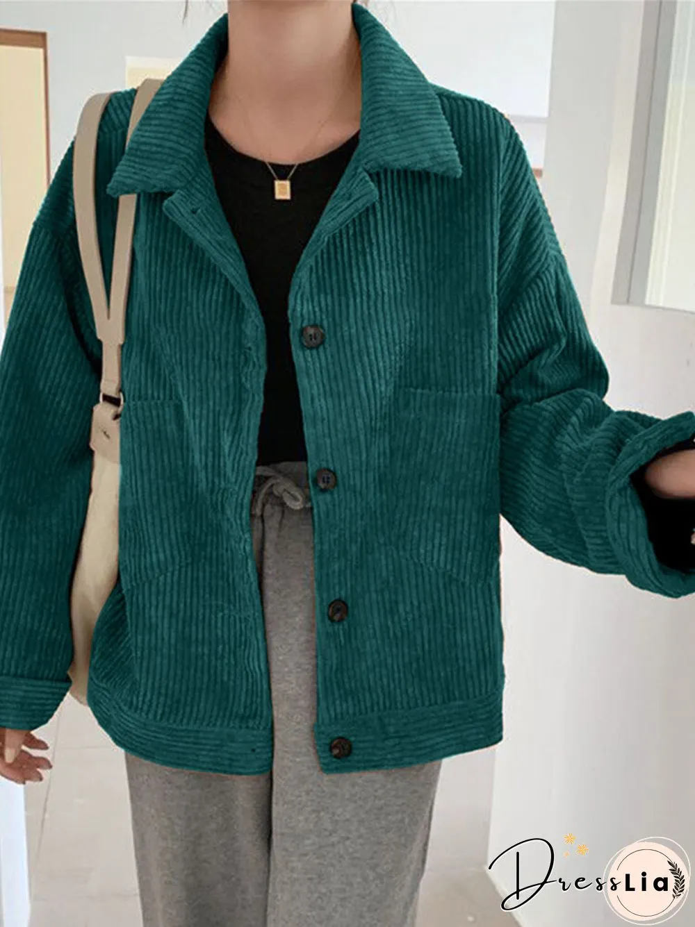 Corduroy Solid Pocket Button Loose Long Sleeve Lapel Jacket