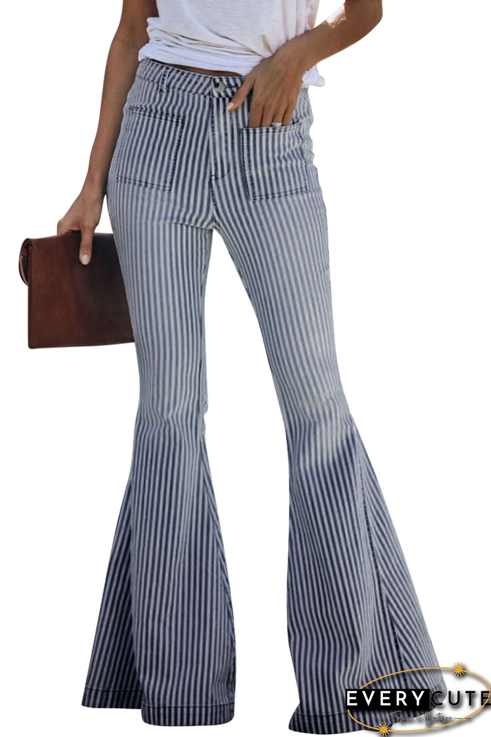 Pocketed Striped Bell Bottom Denim Pants