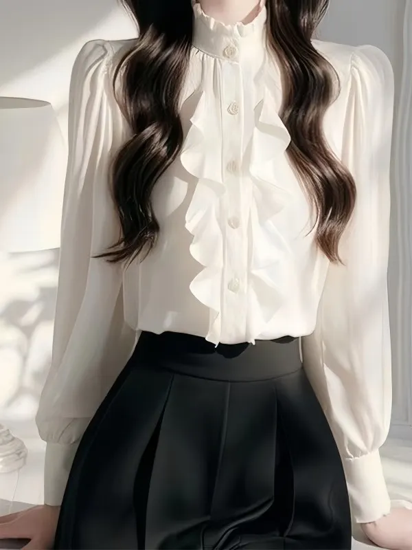 Athvotar Athvotar Chic Lace Splicing Long-Sleeved Shirt Early Spring Super Good Single-Dnecked Shirt Temperament Blouse Women's Clothing