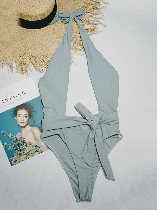 Solid Color Bandage Knotted One-Piece Swimwear