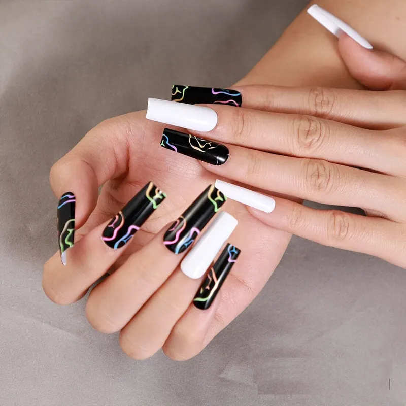 24pcs/Set Coffin Fake Nails European Star Pink Gradient Ballerina Nail Art Full Tips with Sticker Detachable False Nails-Nail Inspo