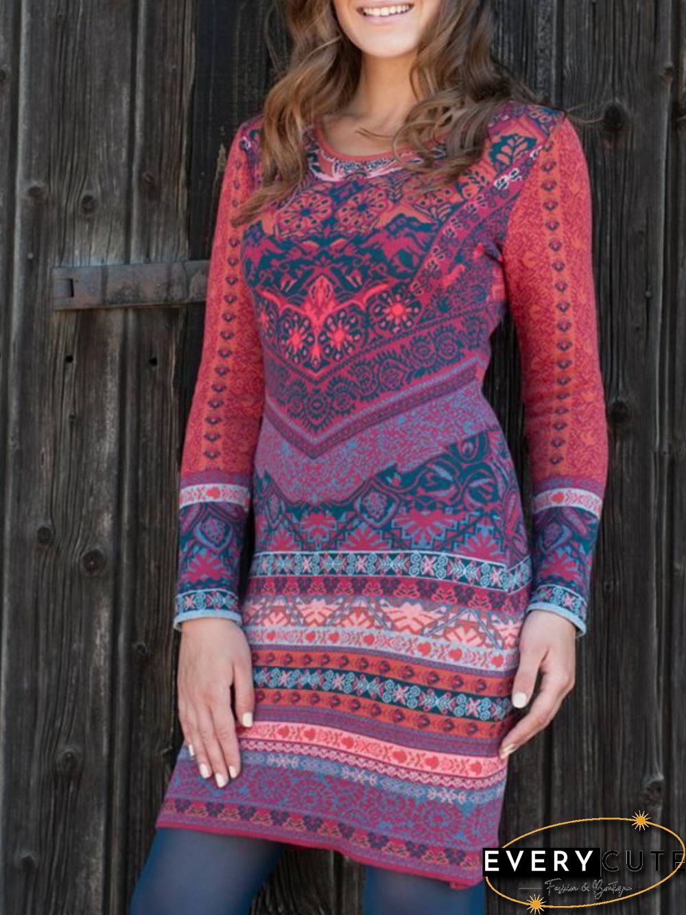 Women Red Long Sleeve Cotton Knitting Dress