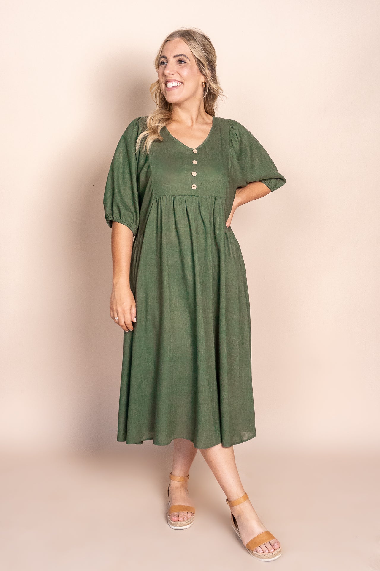 Emery Midi Dress in Dark Khaki