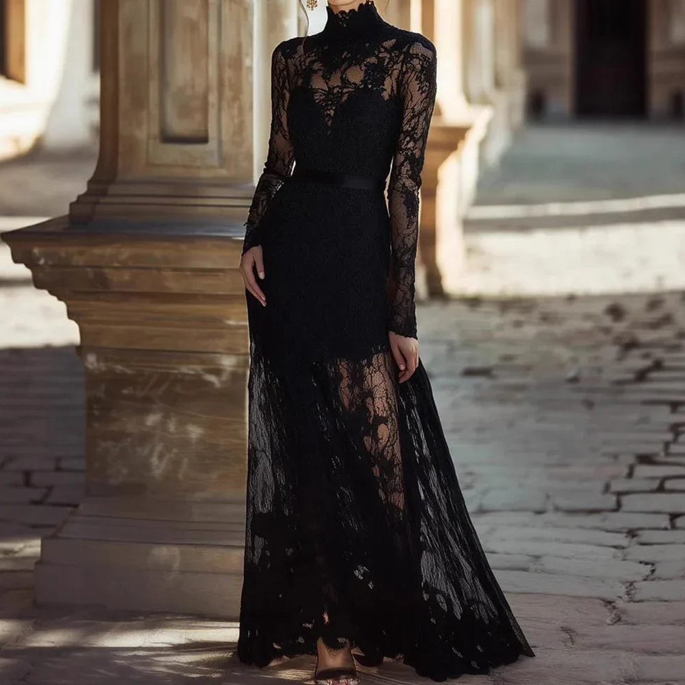 Women's Hollow-out Vintage Stand-collar Long-sleeve Lace Maxi Dress elevenforest