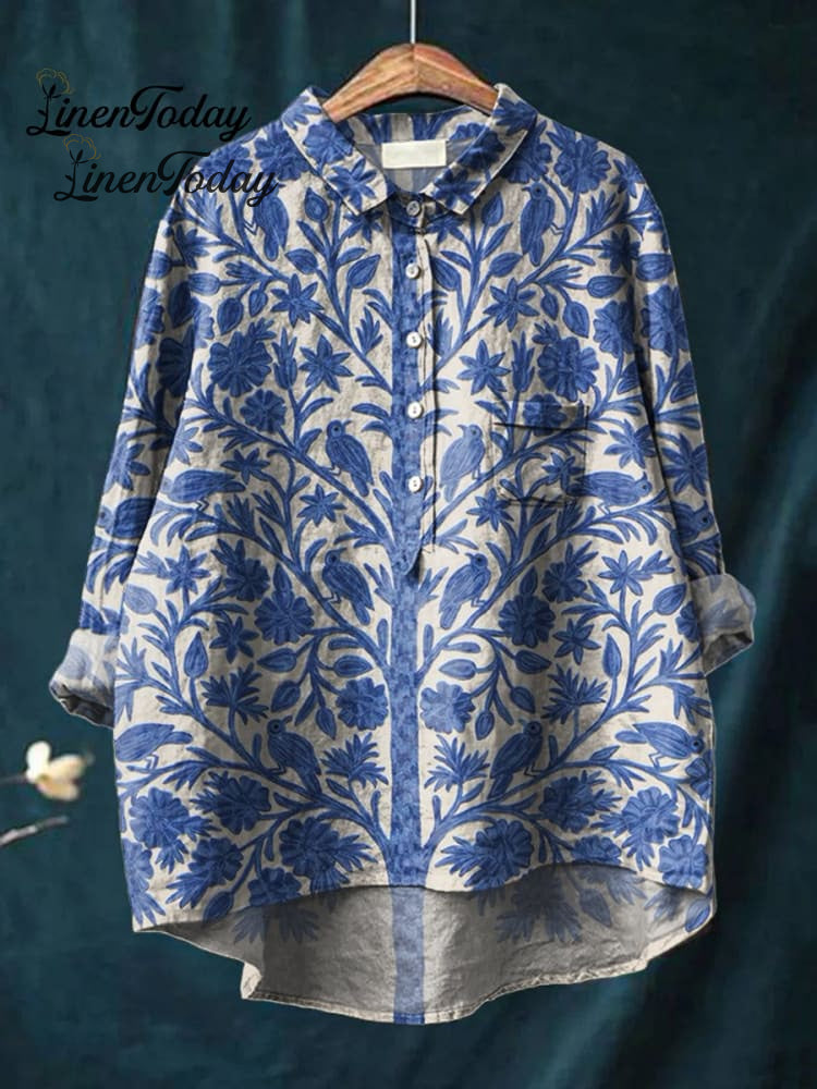 Women&rsquo;s Indian Art Floral Vintage Print Casual Cotton And Linen Shirt Top / S