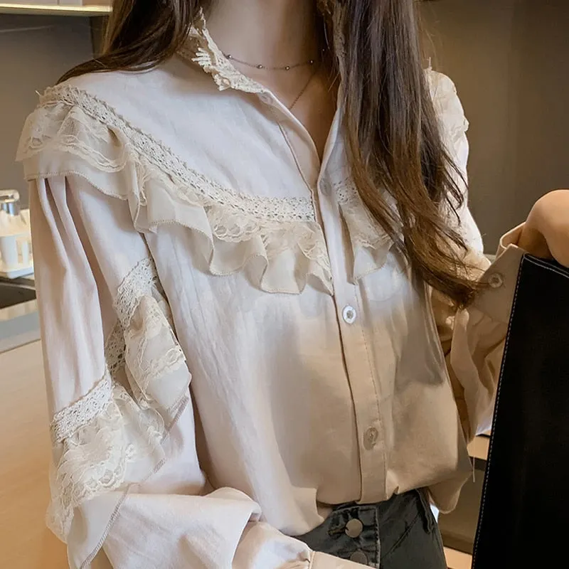 2021 Blusas Casual Women Tops and Blouses Lace Blouse Vintage Women Autumn Lantern Long Sleeve Top Elegant Loose Shirt Fashion