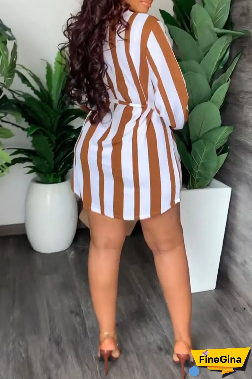 Brown Fashion Casual Striped Print Bandage Patchwork With Belt V Neck Straight Dresses