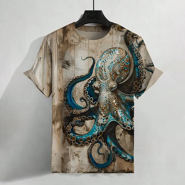 Men's Vintage Octopus Art Print Casual T-Shirt