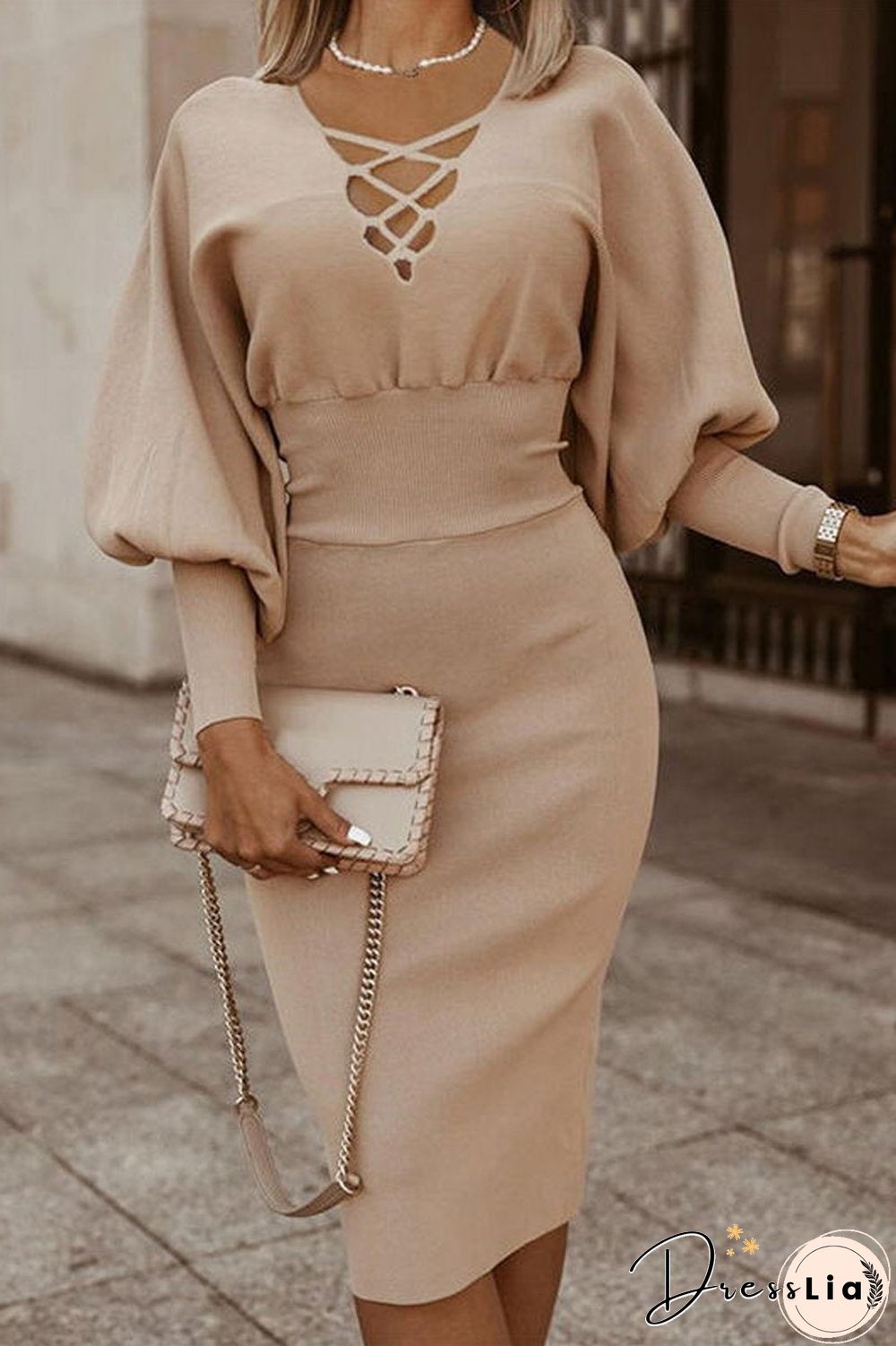 Lantarn Sleeve High Waist Knit Dress