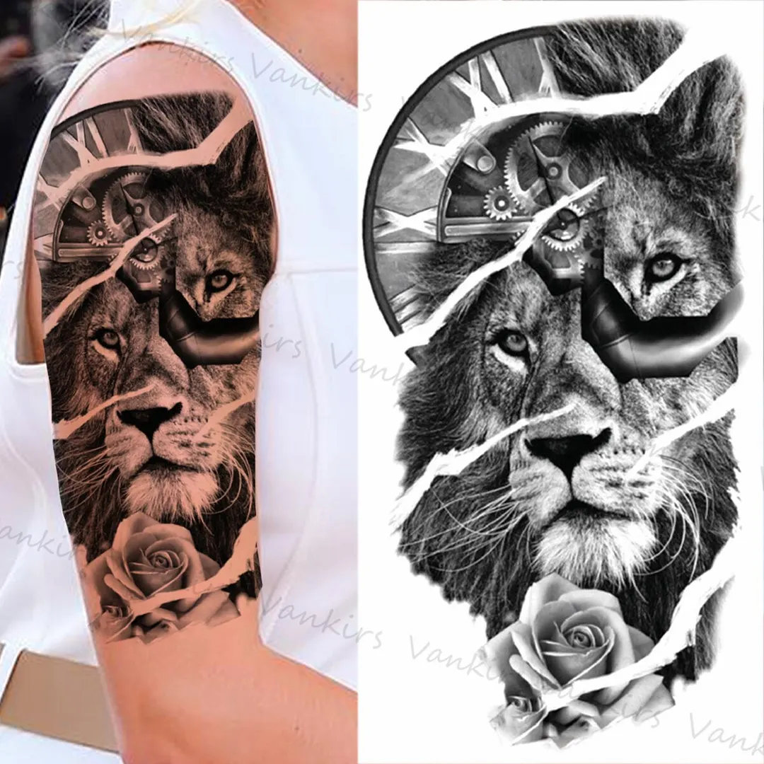 Sdrawing Lion Crown Temporary Tattoos For Women Men Wolf Compass Tiger Mountain Flower Fake Tattoo Sticker Arm Body Tatoos
