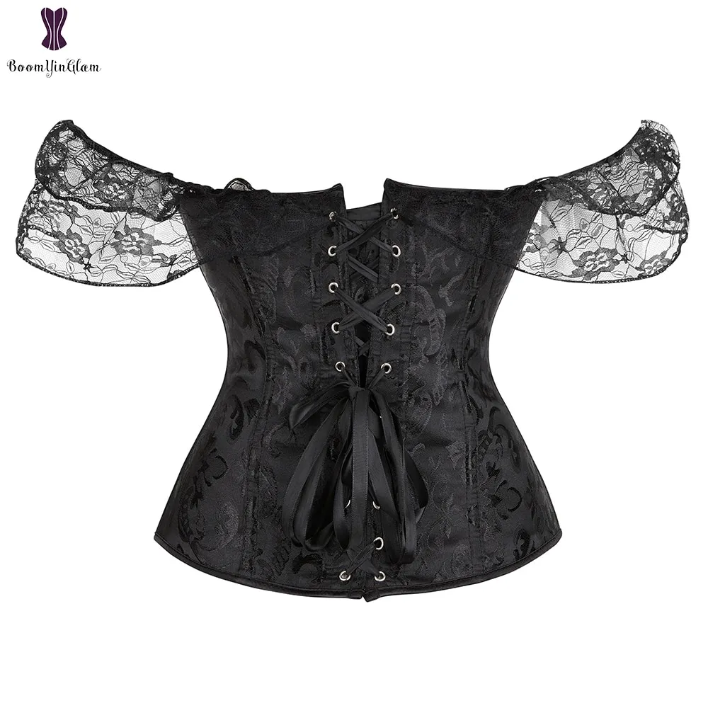Uaang Women's Princess Renaissance Corset Black White Red Green Beige Floral Lace Short Sleeves Elegant Halloween Bustier Top