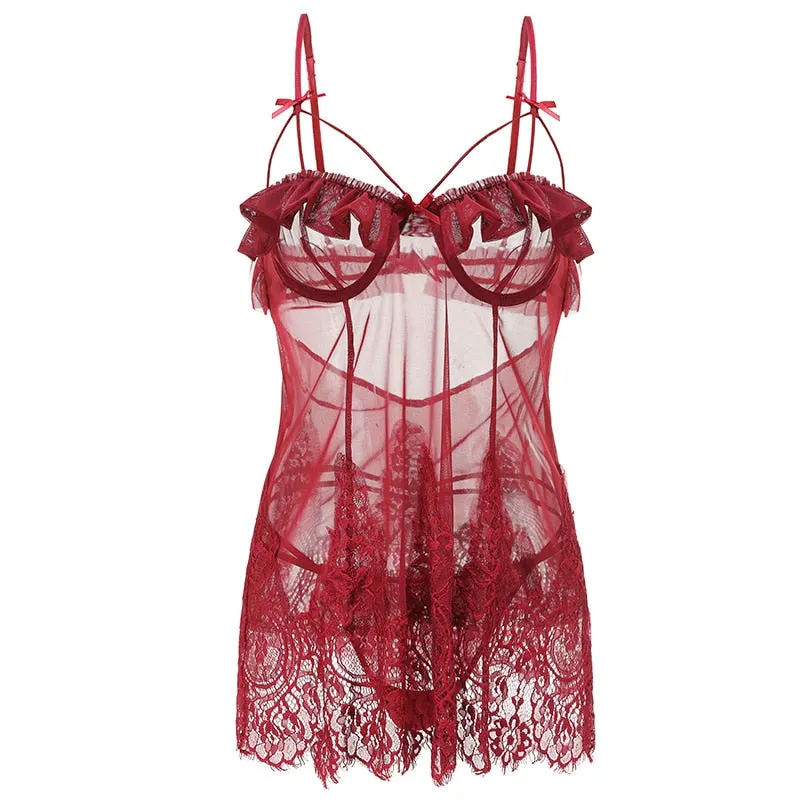 French Sexy Pyjamas Summer Lace Ruffles Small Chest Perspective Sling Sleeping Dress 2PCS Pajama Set for Women Dropshipping