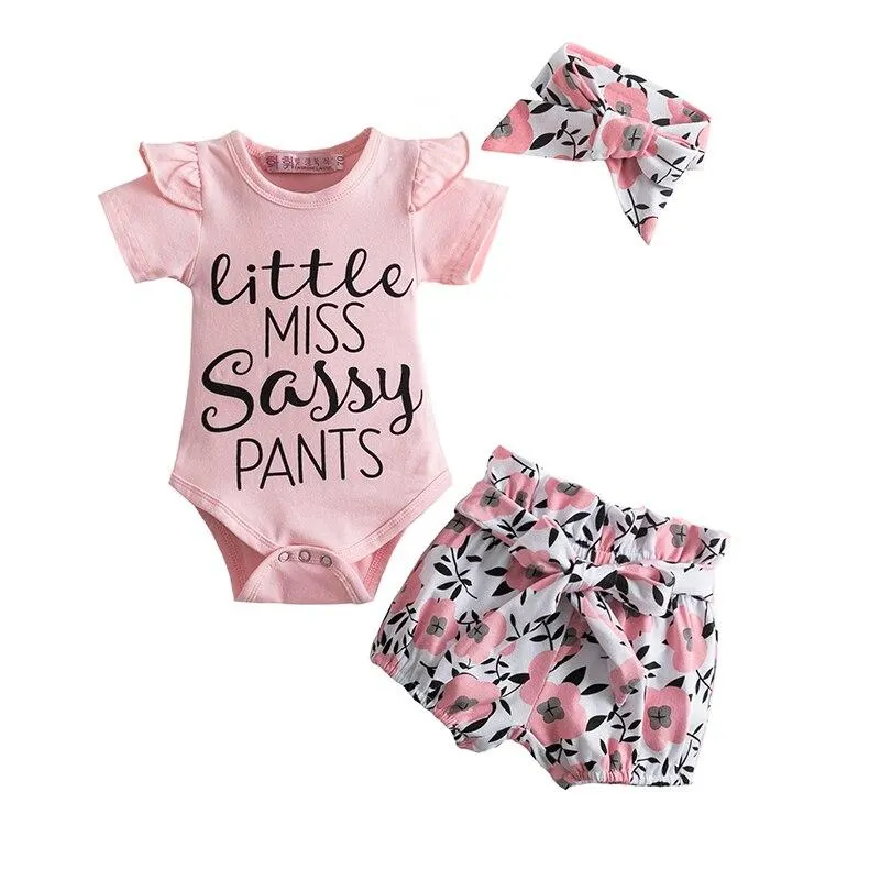 Baby Summer Romper + Dots Shorts Pants Cotton Kids Clothes Sets 3pcs Baby Girl Mouse Pattern Cartoon Clothes With Cute Headband