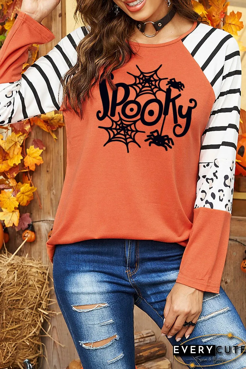 Orange Spooky Spider Web Striped Leopard Color Block Top
