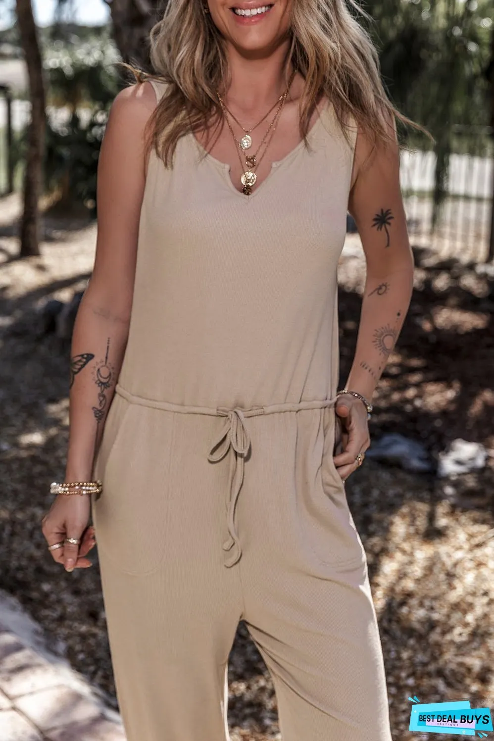 Drawstring Notched Wide Strap Jumpsuit