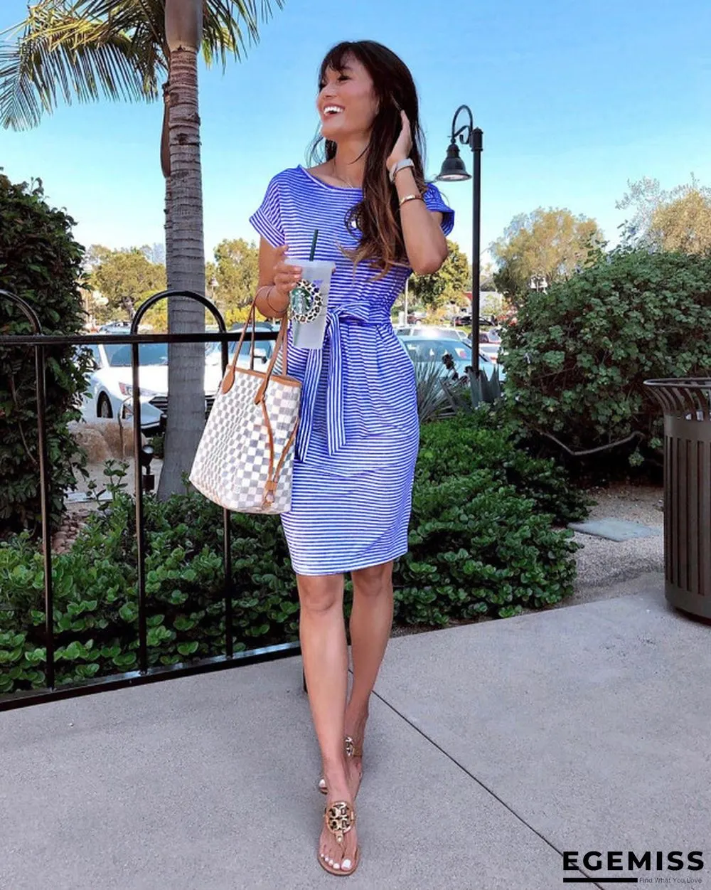 Belt Striped Dress with Sleeves | EGEMISS