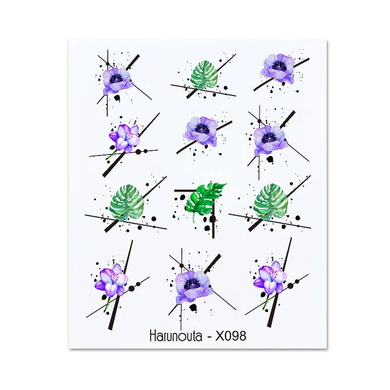 Harunouta Water Decals Ink Blooming Flower Leaves Transfer Nail Stickers Butterfly Love Heart Design Slider Watermark Decoration-Nail Inspo