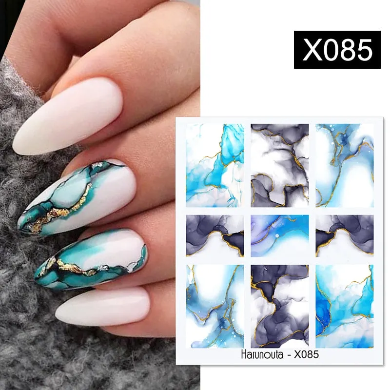 Harunouta Marble Blooming 3D Nail Sticker Decals Flower Leaves Transfer Water Sliders Abstract Geometric Lines Nail Watermark
