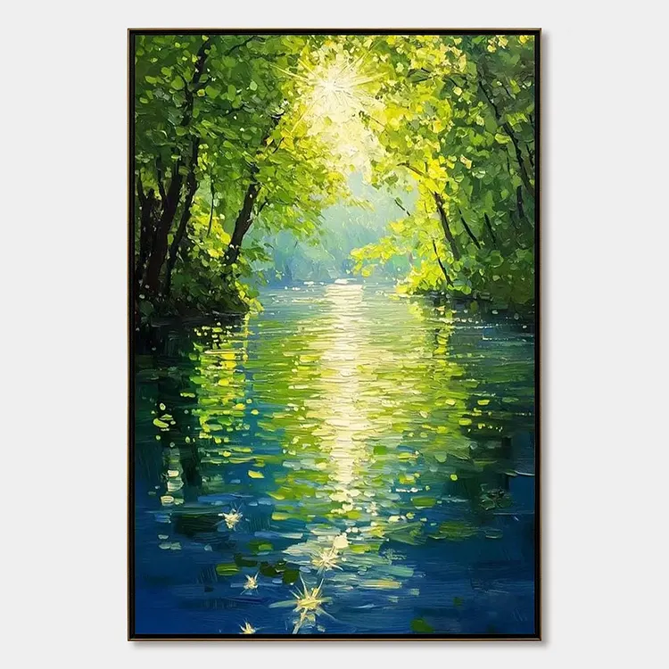EMERALD GLOW: Impressionist Forest River Landscape Painting（Canvas painting）