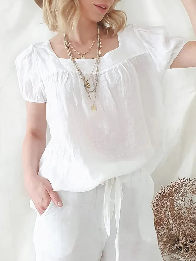 Solid Color Square Collar Short-Sleeved Cotton And Linen Simple Shirt