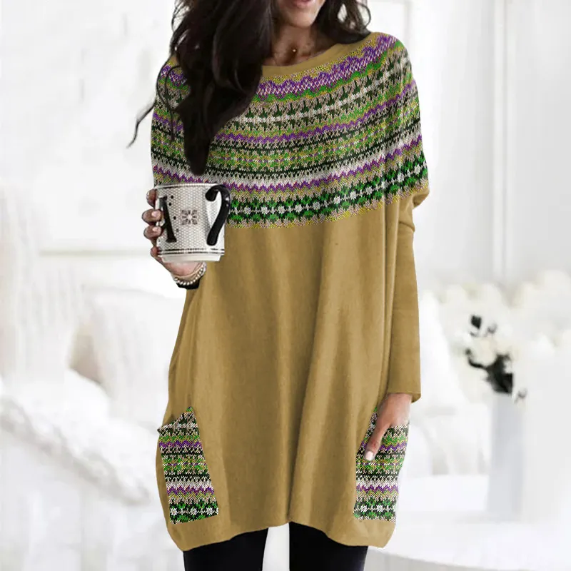 Vintage Icelandic Tribal Graphic Knit Warm Crew Neck Midi Sweater Dress