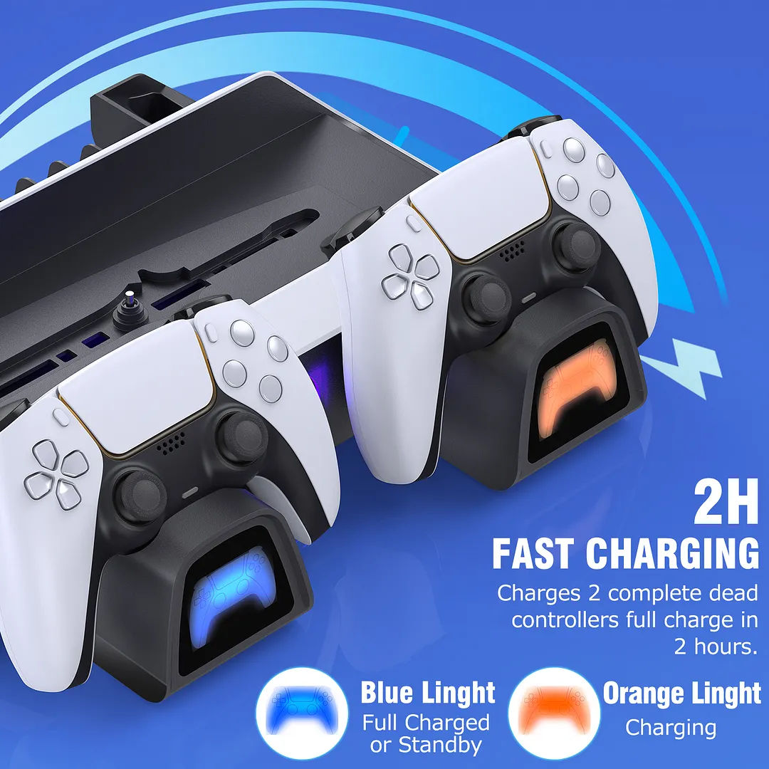 DinoFire Vertical Stand for PS5 with 2 Cooling Fan, Controller Charging Station for PS5 Dualsense/Digital/Disc Edition