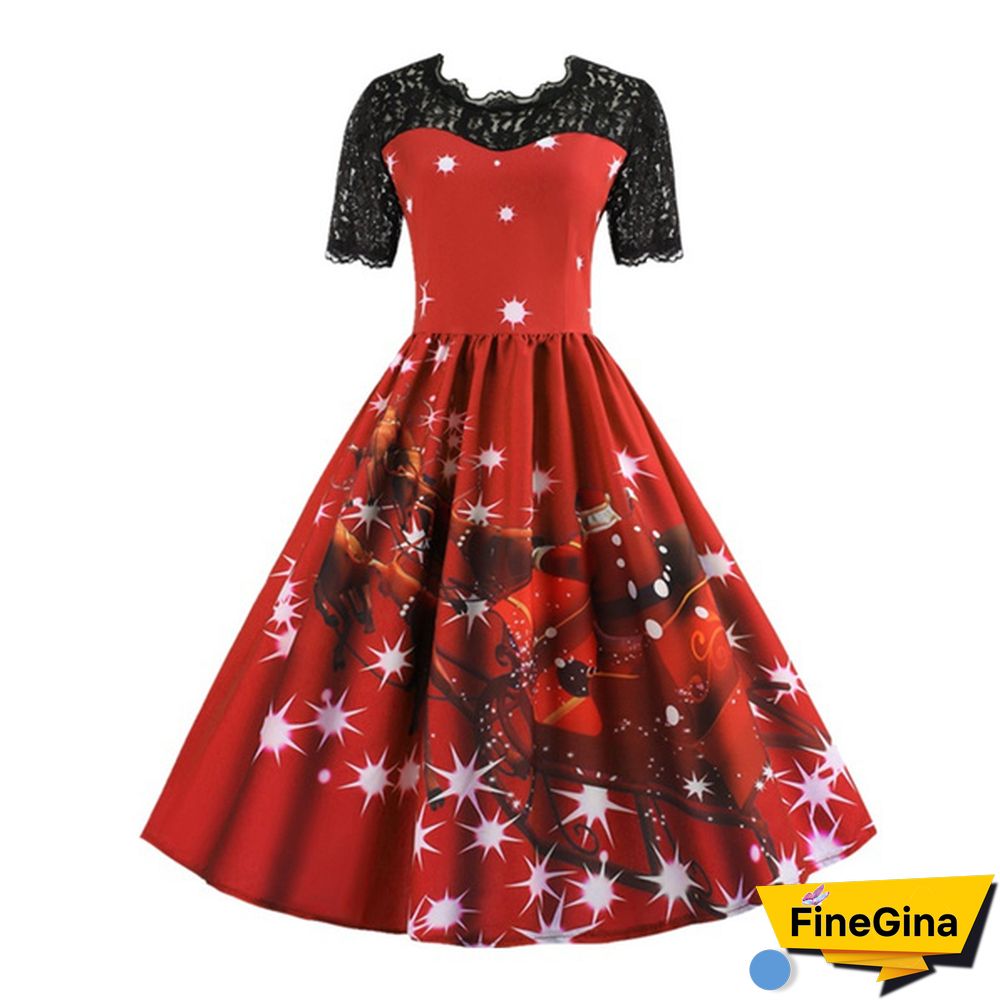 Plus Size Fashion Women Pumpkin Snowflake Print Dress Short Sleeve Lace Dress Christmas Halloween Costume Knee Length Party Dresses