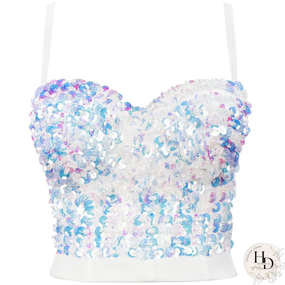Women Holographic Rainbow Sequins Bustier Bra Spaghetti Strap Corset Camisole Reflective Bralette Crop Top Women Corset Clubwear